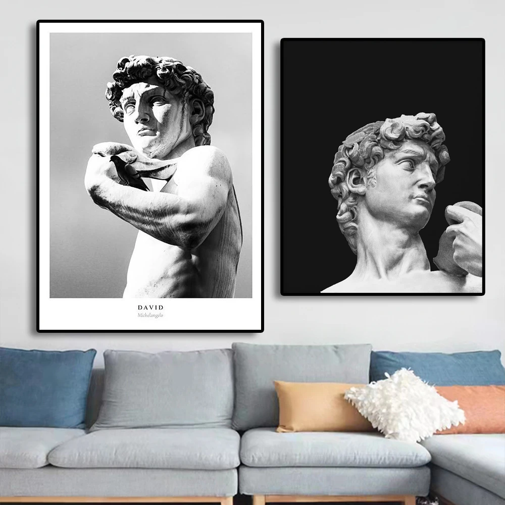 

David Head Sculpture Statue Black White Art Canvas Painting Posters Minimalist Prints Modern Wall Art Pictures Living Room Decor