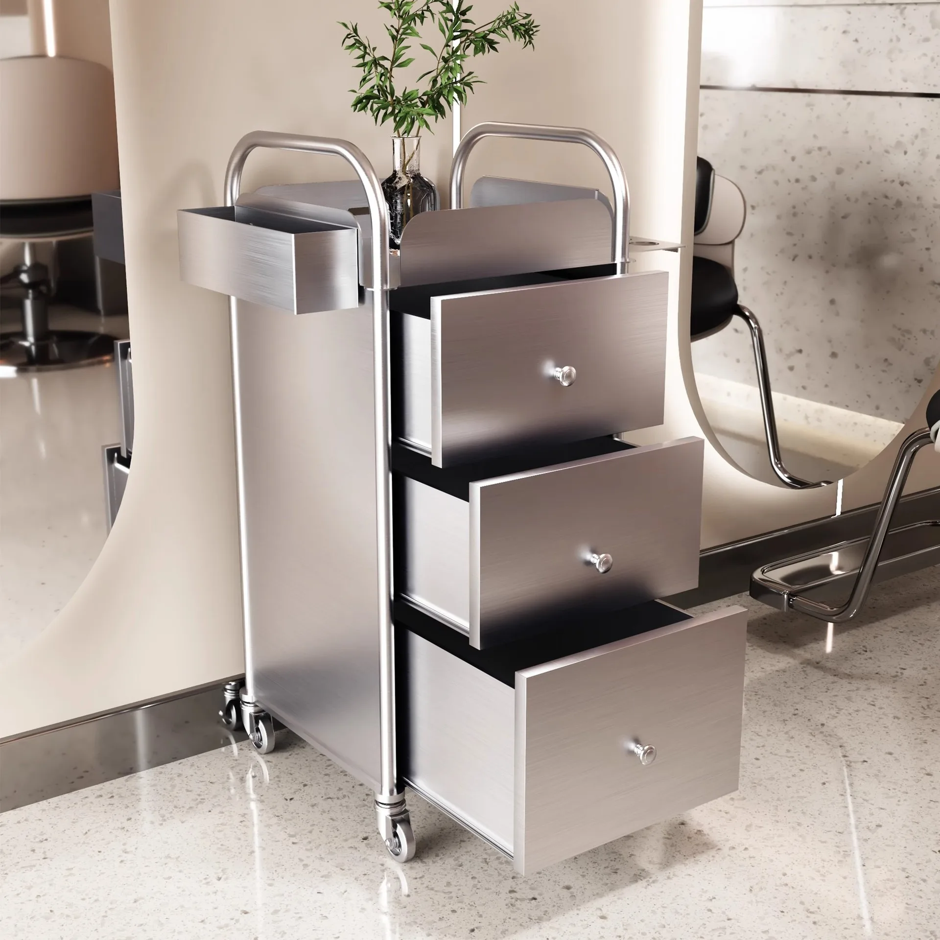 Carro de herramientas de salón de belleza de lujo, carro de salón de acero inoxidable dorado con cajones