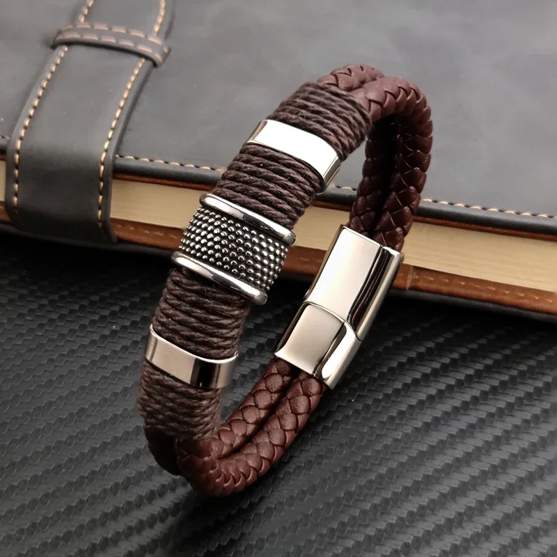 

Charm Vintage Multilayer Brown Genuine Leather Men Bracelet Stone Bead Bracelet Stainless Steel Jewelry Male Wrist Bangle Gift