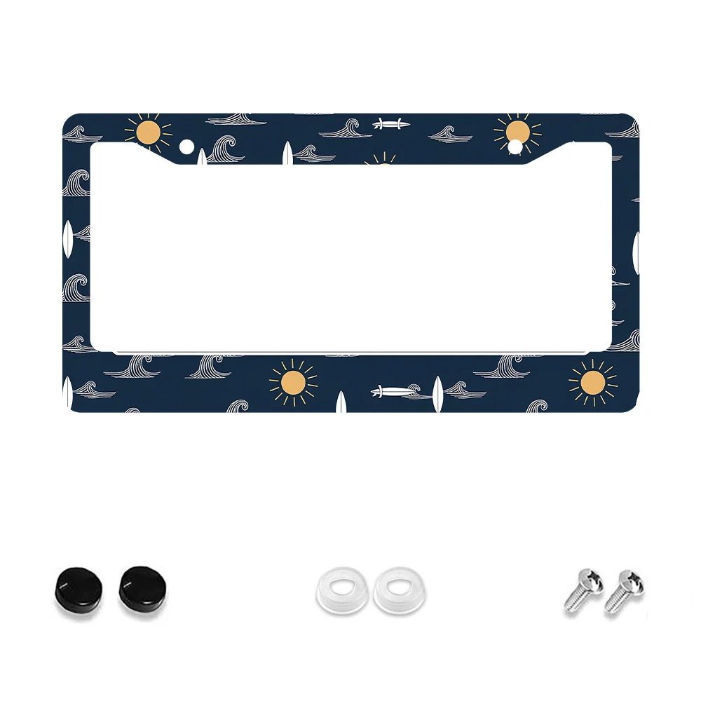 

1pc Retro Blue 2-Hole License Plate Frame with Sun and Surfboard Pattern, Aluminum Material, 6x12 Inches, Includes Screw Kit