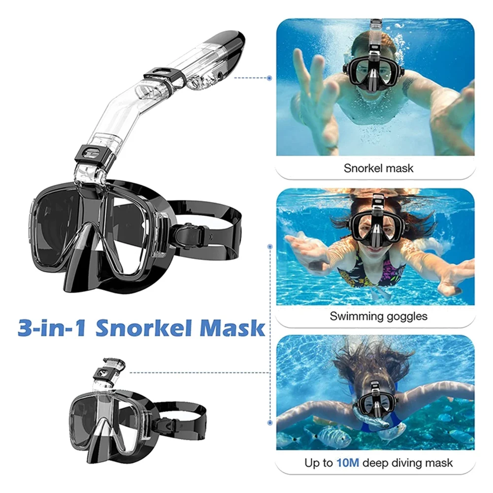 Snorkel Foldable Diving Cover with Dry Top System and Camera Mount,Professional Snorkeling Gear for Kids-Black