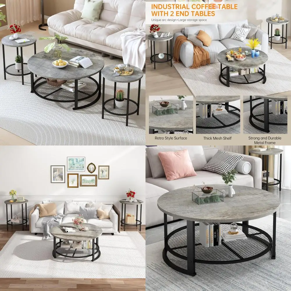 طقم طاولة قهوة ونهاية خشبية حديثة ريفية، أثاث غرفة معيشة مكون من 3 قطع مع طاولة مركزية وطاولتين جانبيتين #1