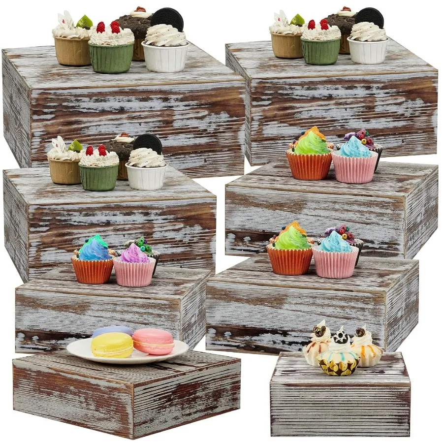 

8 Pcs Large 13.7" Wood Risers Display Stands Rustic Square Cupcake Stand Food Risers Stackable Display Box for Buffet Table Des