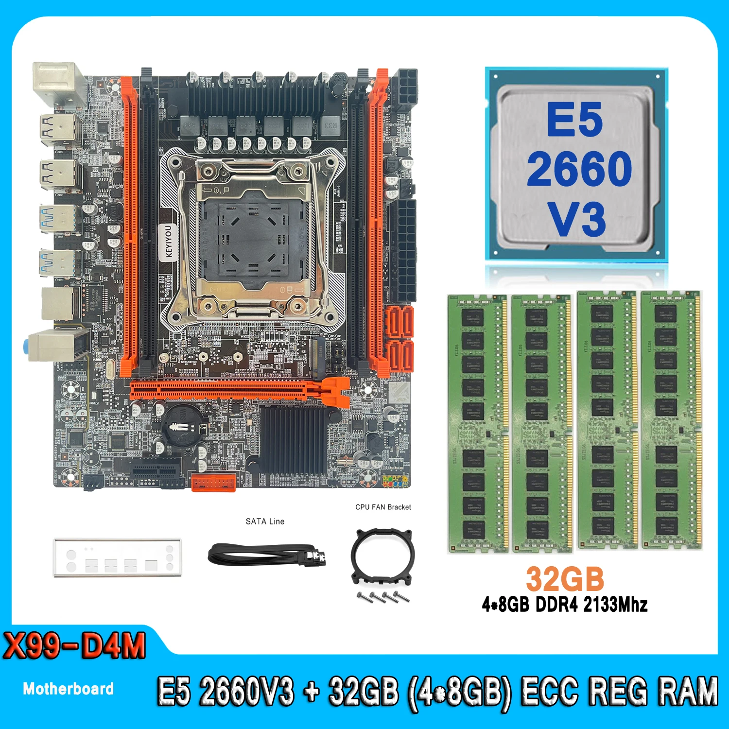 X99 D4M LGA 2011-3 motherboard Kit xeon E5 2660 V3 Kit 32GB (4pcs*8GB) 2133MHz DDR4 Memory X99 Chipest E5 2660V3 DIY Motherboard