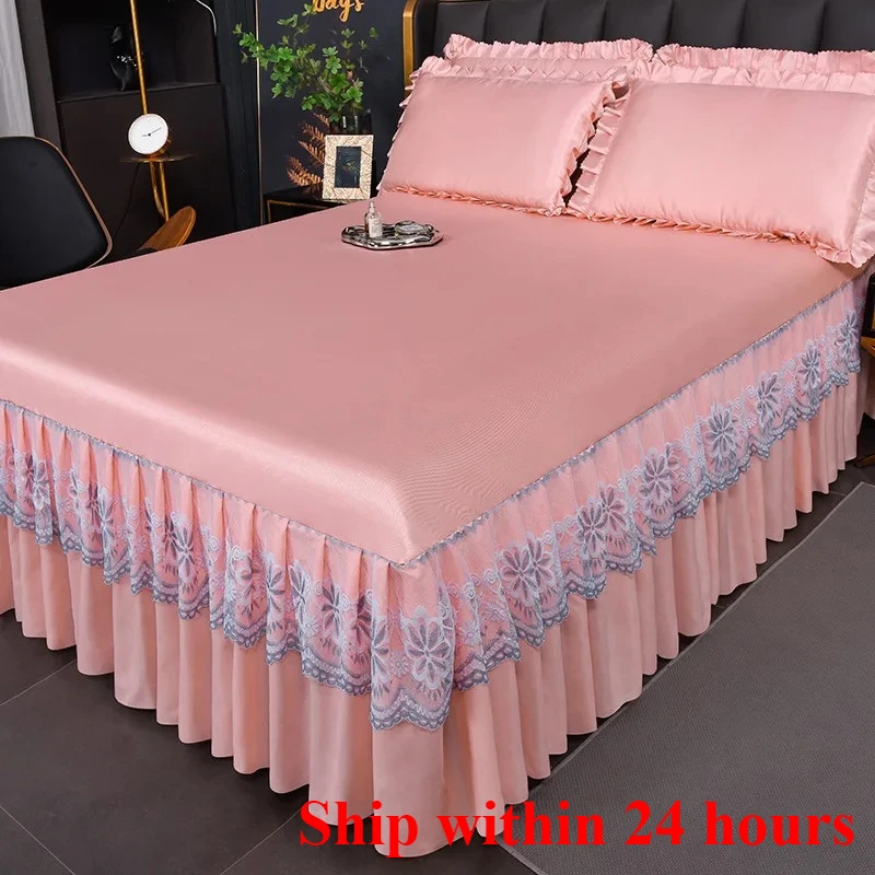 2025 version of ice silk cool bed skirt solid color sleeping naked summer mat 3-piece protective machine wash bedspread