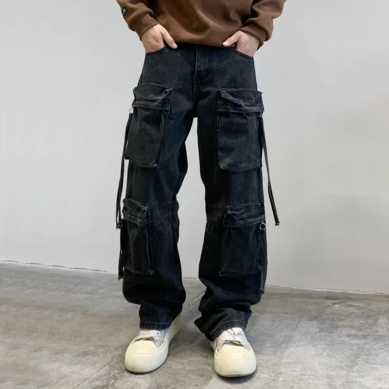 

Men American Streetwear Hip Hop Plus Size Multi Pocket Vintage Washed Denim Cargo Jeans Pants Cityboy Y2k Trousers