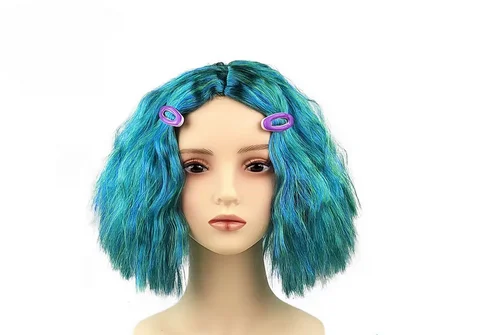 Anime Inside Out 2 Envy Wig Short Blue Curly Heat Hairpiece Masquerade Cosplay Headgear Head Cover with Water Drop Clip