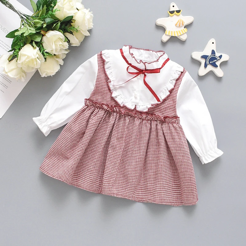 Spring And Autumn Girls\' Baby Long-Sleeved Dress Plaid Small Stand Collar Infant Dress Western Style Girl Children\'S Clothing