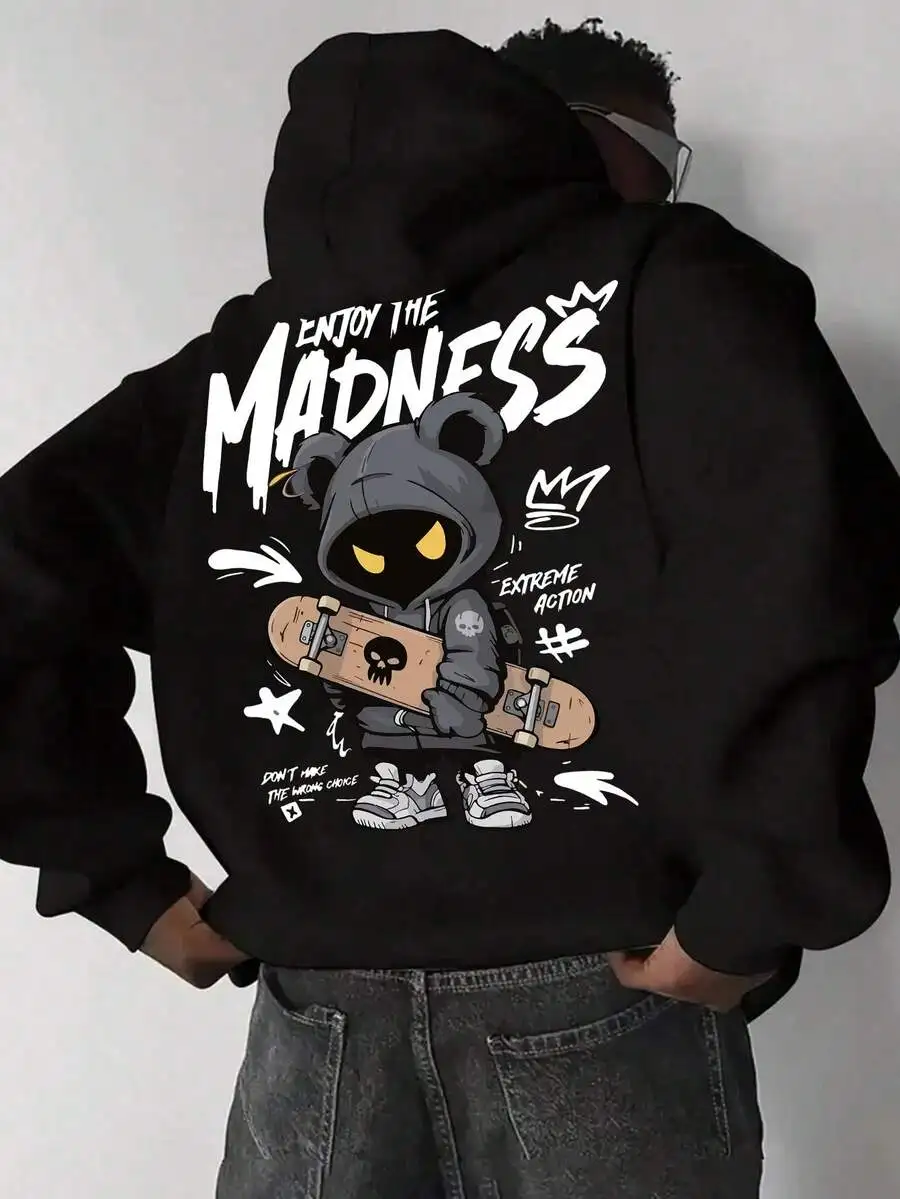 Men's Casual Fashion Street Extreme Sports Cartoon Print Kangaroo Pocket Drawstring Loose Hoodie Sweatshirt, Autumn/Winter