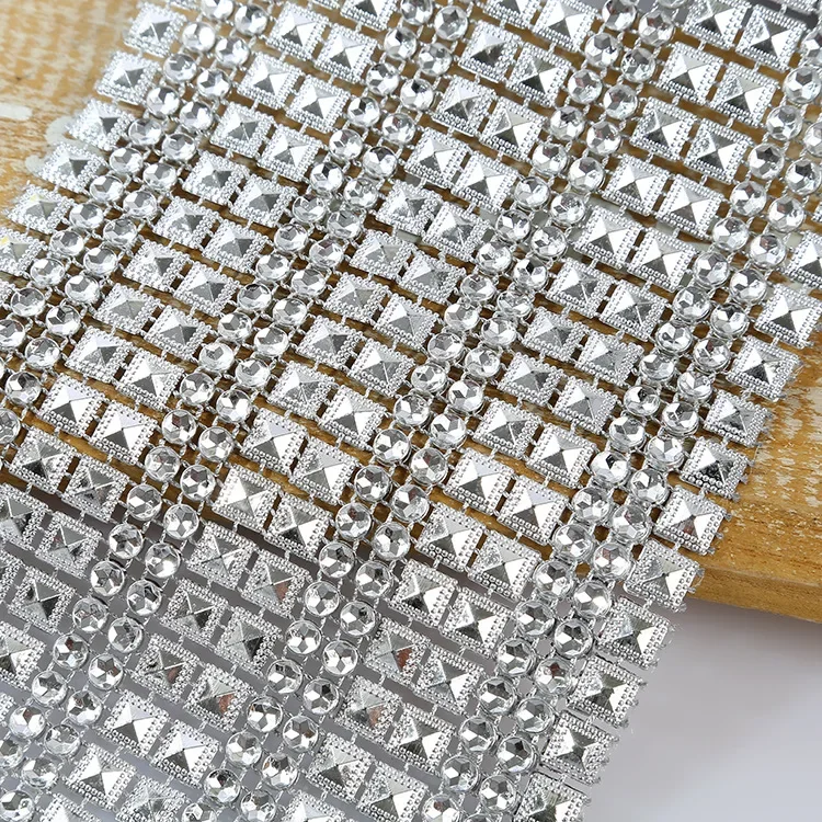 1 Yard 8 Rows White Pyramid Sparkle Rhinestone Crystal Diamond Mesh Wrap Roll Ribbon