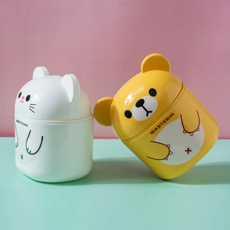 Bear Household Mini Flip Lid Shake Lid Sundry Storage Bucket Small Paper Basket Creative Desktop Cartoon Trash Can