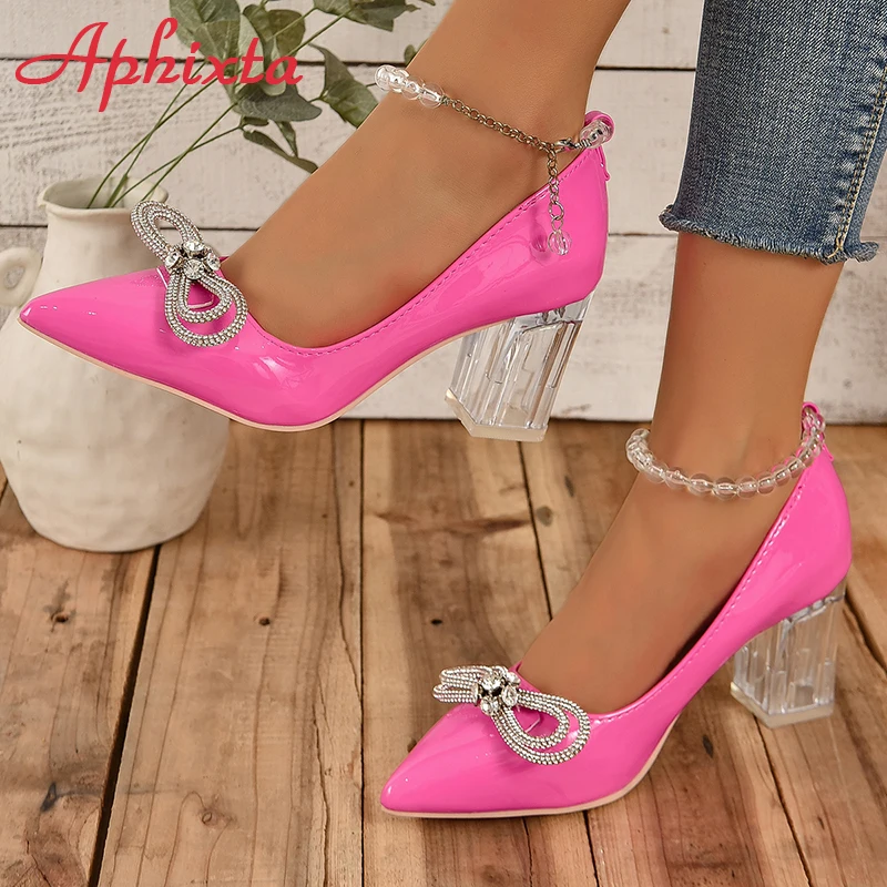 Aphixta  New Luxury Crystals Bow Transparent Bead Chain 7cm Transparent Chunky Heels Pumps Women Shoes String Bead Belt Chain