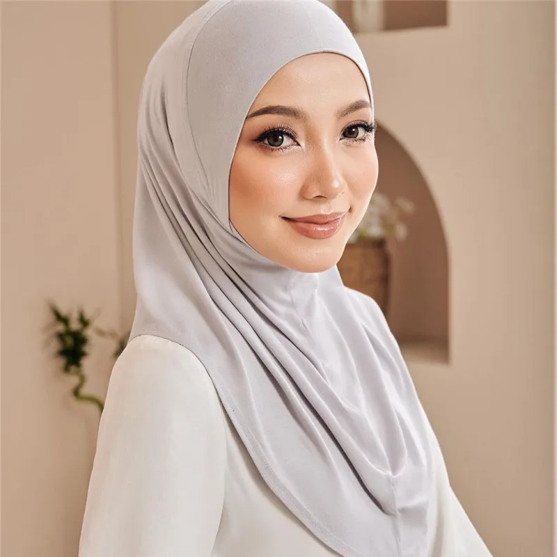 Solid Tudung Bawal Turban Bandanas Scarf Muslim Hijab Headgear Cap Moslem Beanies Hat Scarf Integrated Set Head Wrap for Women