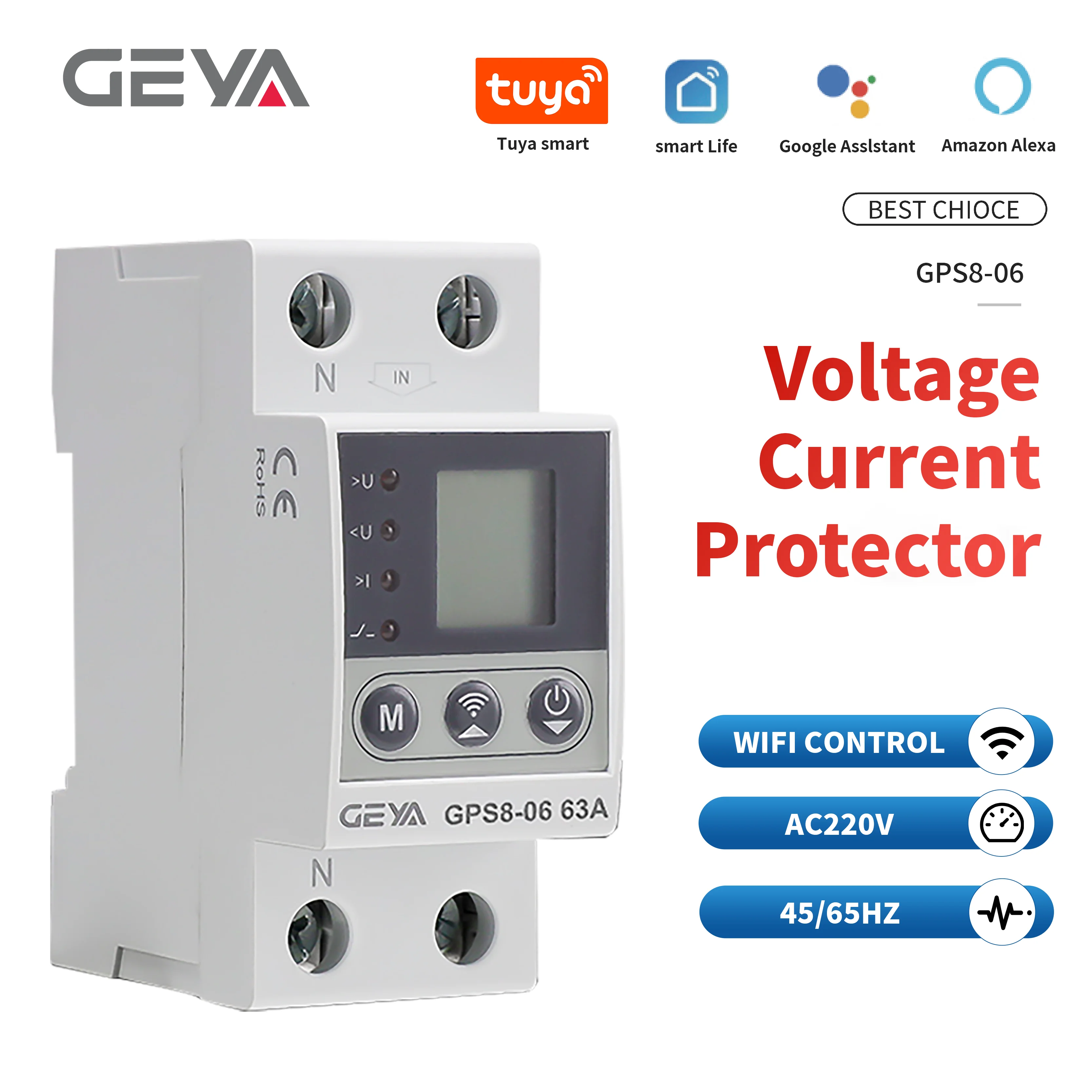 

GEYA tuya Wifi kWh Measuring Switch Control Current/Voltage Protective Device with alexa smart home 40A 63A 220V LCD Protector