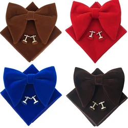 Fashion Velvet Big Bowties Set Women Men Solid Bow Tie Wedding Tuxedo Groom Oversize Bow Knot  Pocket  Square Cravats Cuff-links