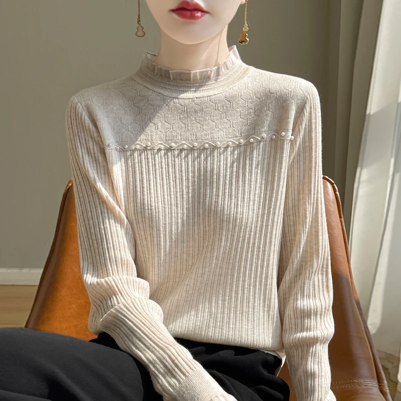 2024 Autumn Half High Neck Thin Knitted Pure Wool Sweater for Women's Boutique New Style, Fits and Looks Thin