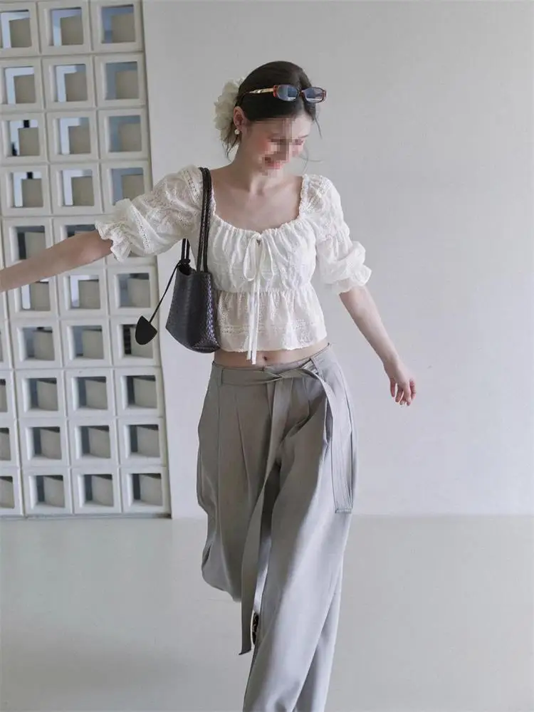 Summer Slim Fit Short Shirt Korean Style Half Sleeve Bow Tie Square Collar Bubble Sleeve Lace Top Women's Fashion Outdoor Wear