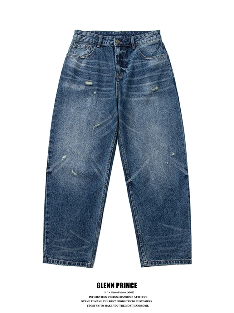 

Мужские джинсы в стиле ретро, свободные прямые брюки, повседневные длинные брюки из винтажного хлопкового денима с эффектом потертости