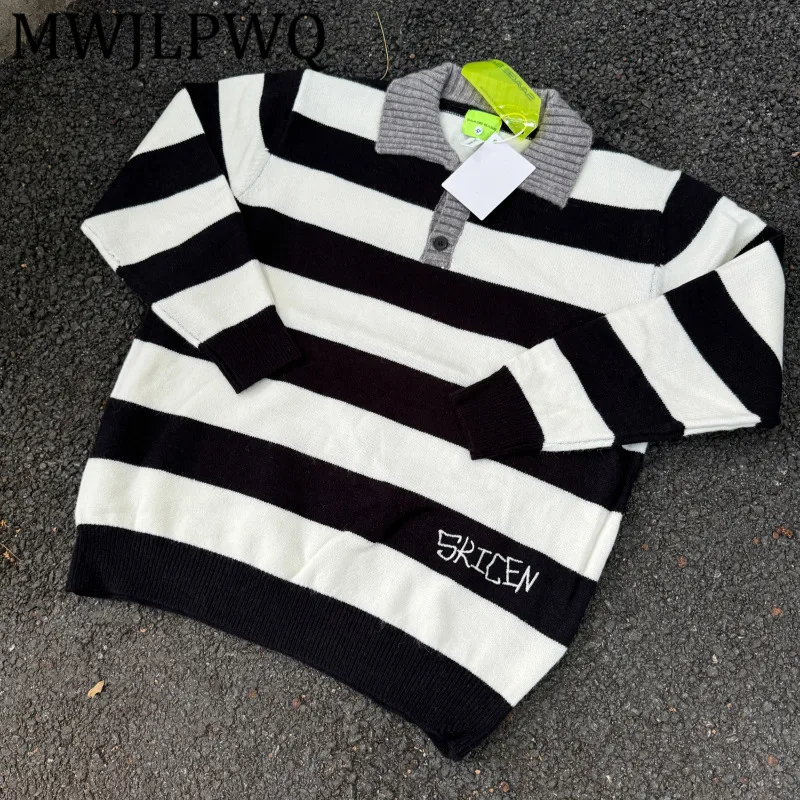 

MWJLPWQ American Style Lazy Striped Sweater Men's Turn-Down Collar Niched Cleanfit Couple Knitted Tops Trend Autumn Winter 12169