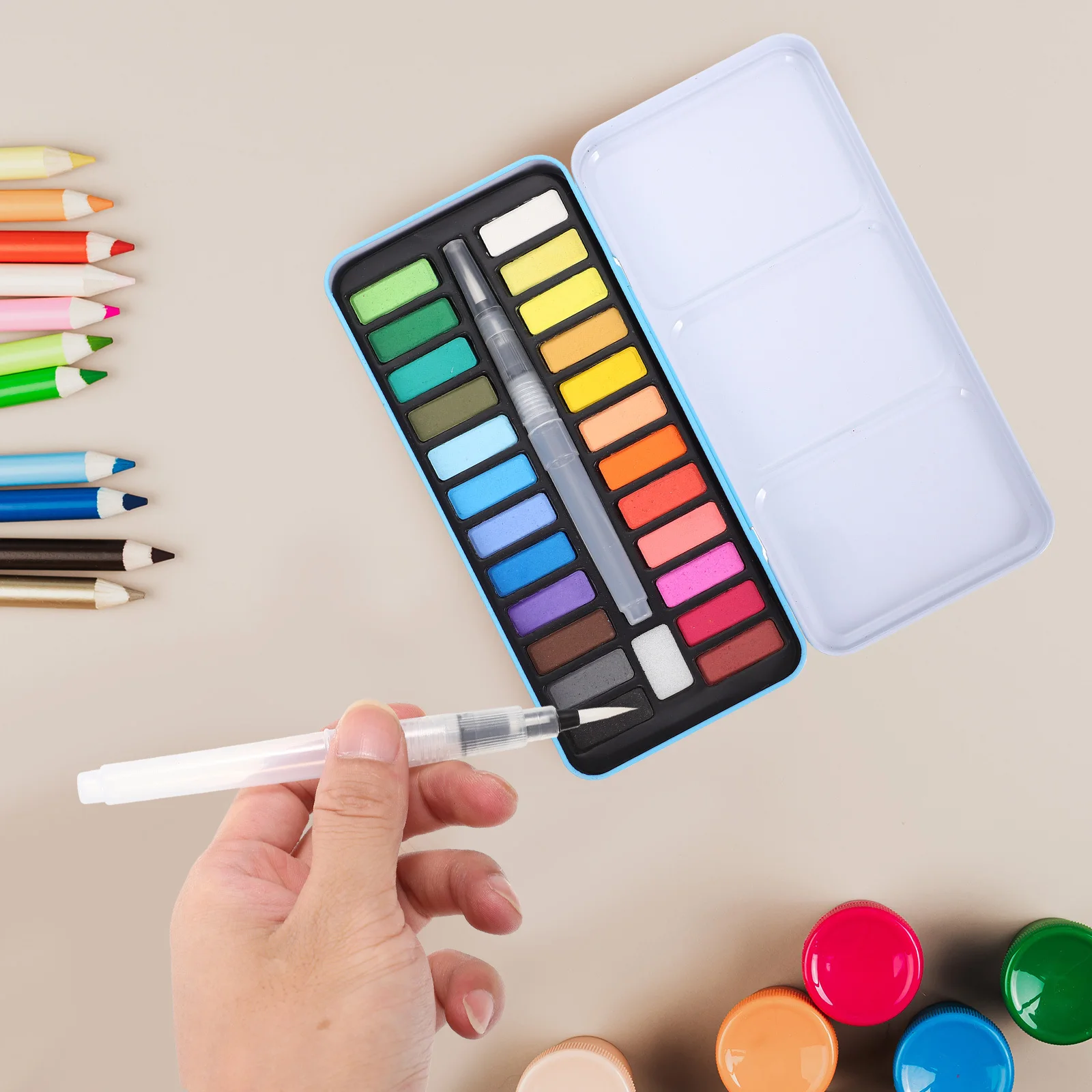 مجموعة واحدة من أدوات الطلاء المائية المحمولة، مجموعة الغواش للسفر، لوحة خلط الألوان المدمجة، تتضمن ألوان مائية متعددة الوظائف