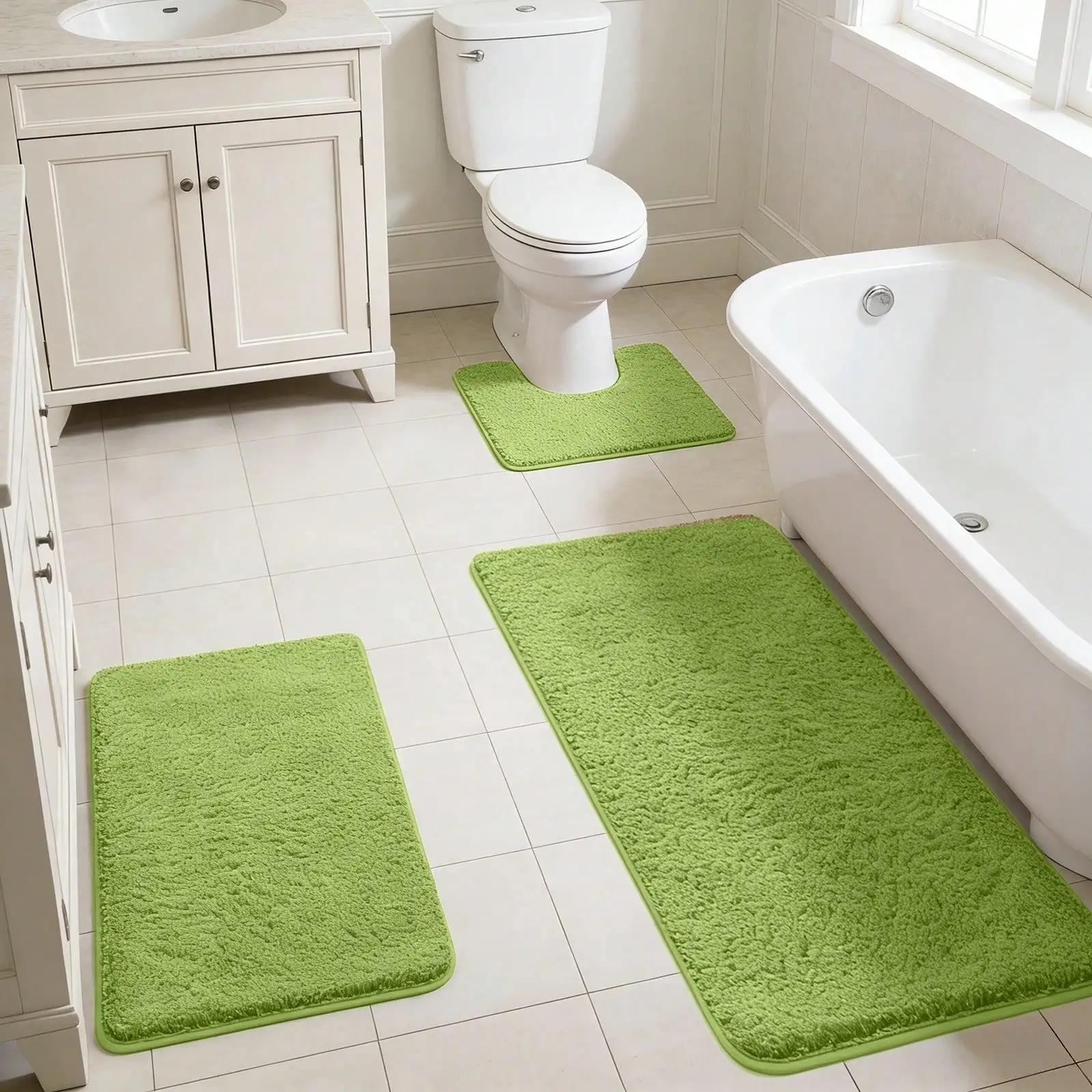 3 Piece Fluffy Shaggy Bathroom Rug Combo Ultra Plush Flock Surface Super Water Absorbent Anti Shift Base Machine Washable Decor Floor Mat For Restroom Laundry Bath Space Holiday Gift Option