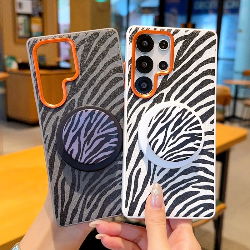 For Samsung Galaxy S25 Plus S25 Ultra S25 Edge Color Block Zebra Pattern with Air Cushion Magnetic Anti-Fingerprint Phone Case