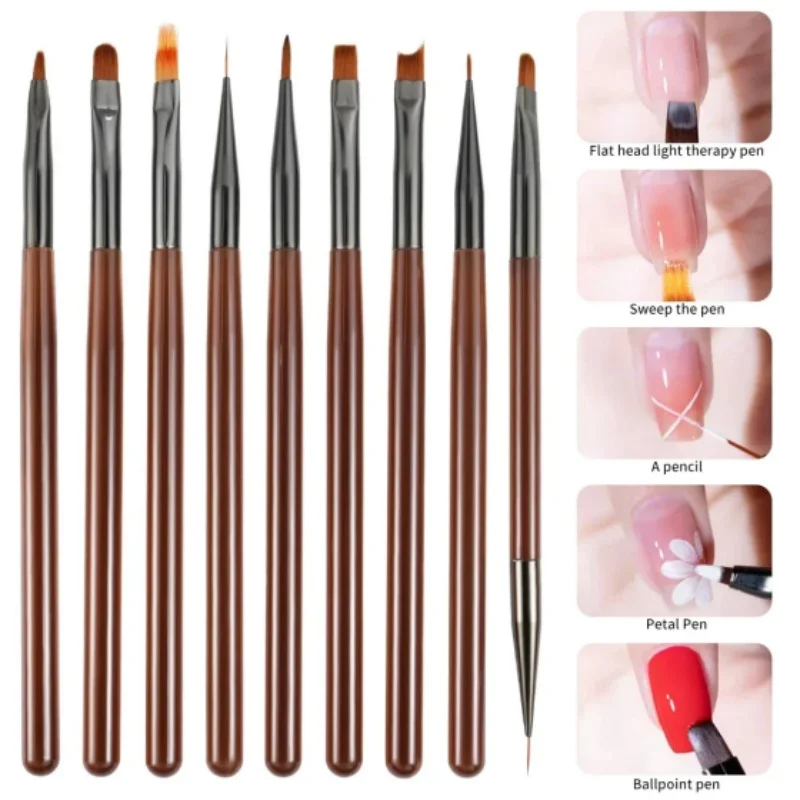 9PCS DIY Brush Nail Art Brush Lace Ombre Design Acrylic Nail UV Gel Painting Drawing Flowers Pen Manicure Salon Tools