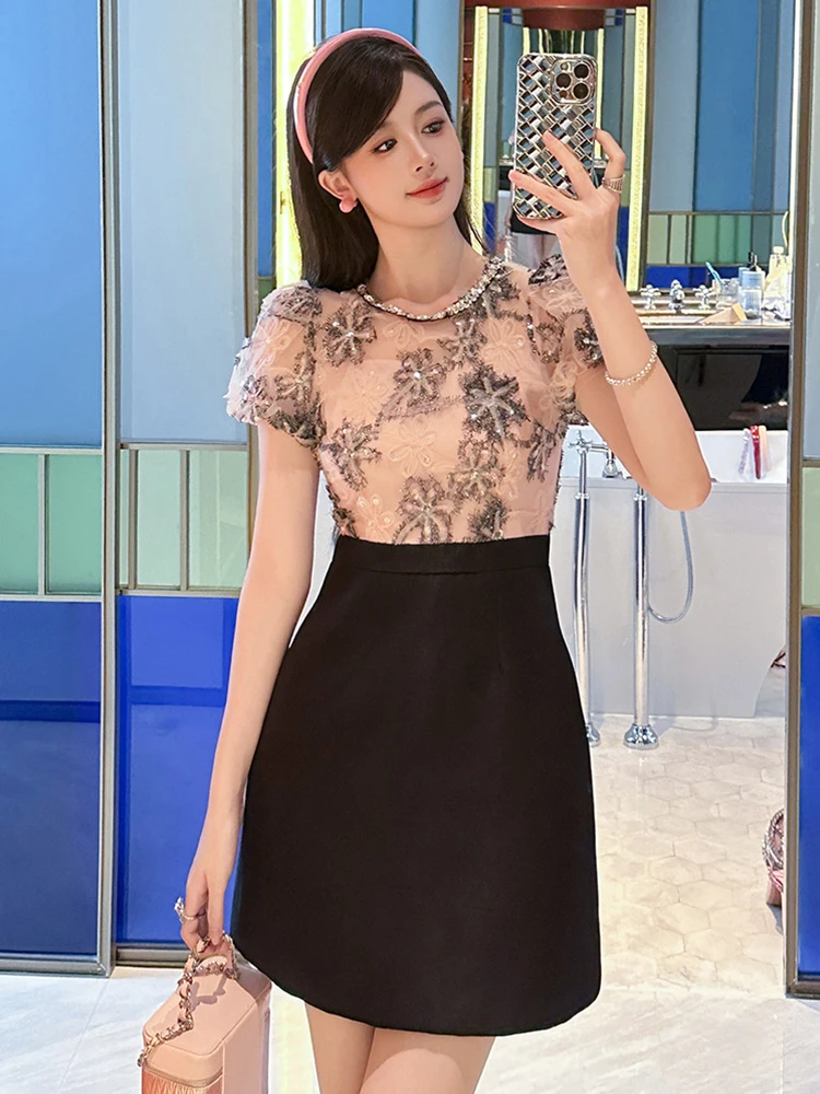 Celebrtiy Sweet Prom Dress Women's Exquisite Pink Bright Shiny Sequins Sheer Lace Mesh Fake 2 Piece Gown Birthday Party Vestidos