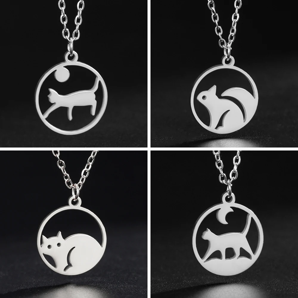 Teamer Cute Kitten Cat Stainless Steel Necklace for Women Squirrel Bird Round Pendant Chain Choker Jewelry Mother's Day Gifts