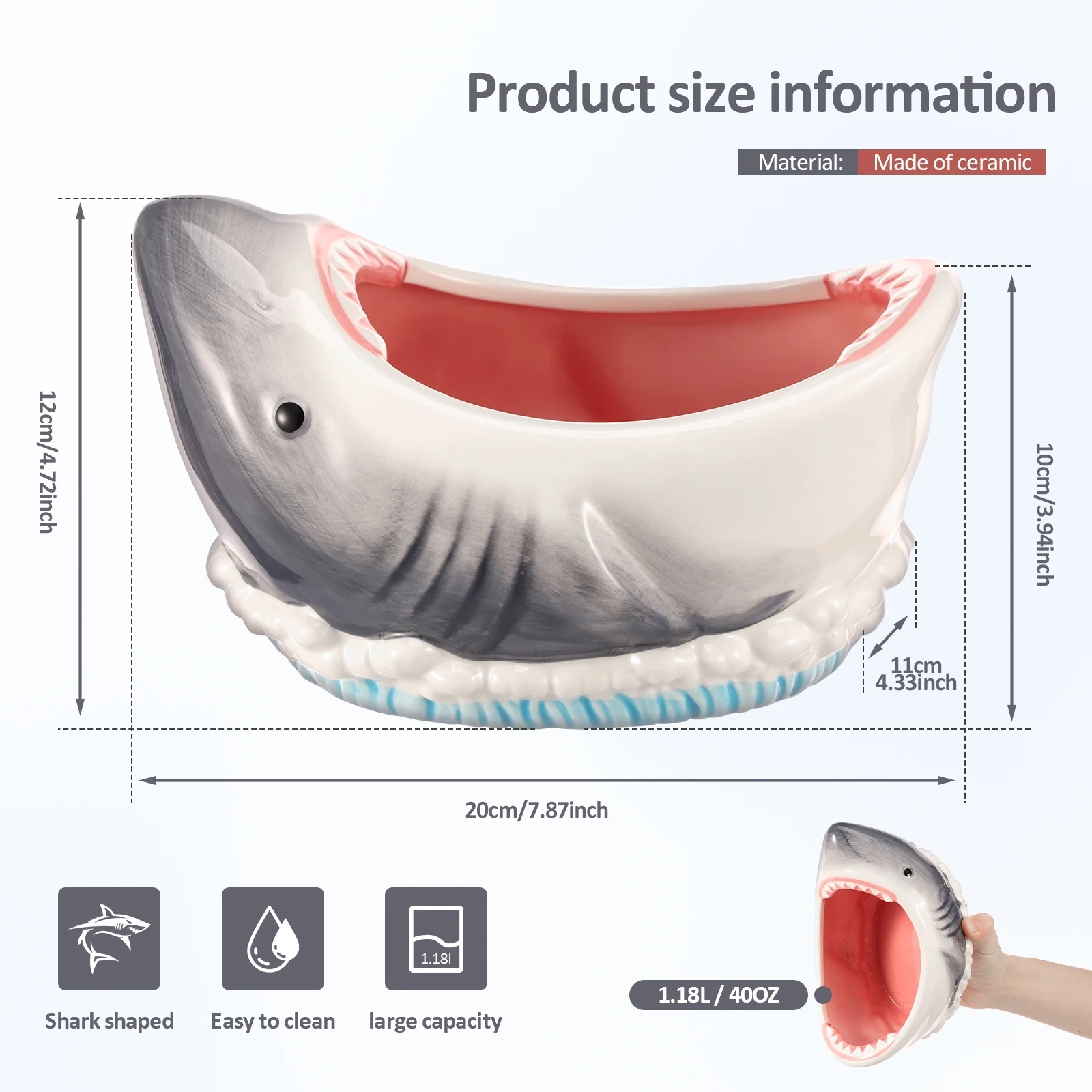 3D Shark Attack Bowl 40OZ Large Capacity Ceramic Shark Shape Snack Bowl Decorative Candy Popcorn Container for Fruit Party Home