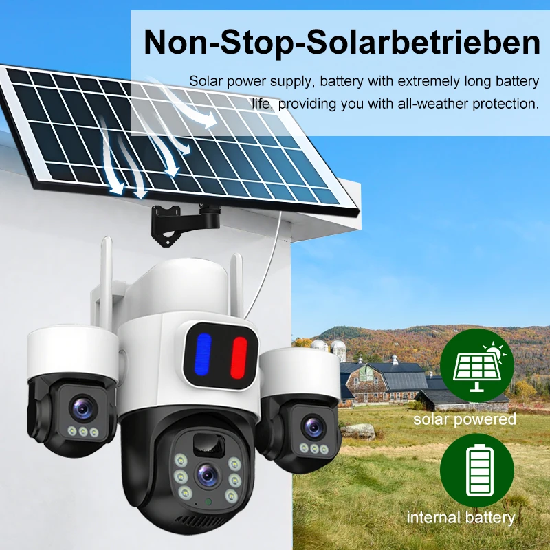 Home WiFi Solar Three‑Lens Security Camera Simultaneous Monitoring PTZ Human Detection Night Vision Outdoor Surveillance Cam