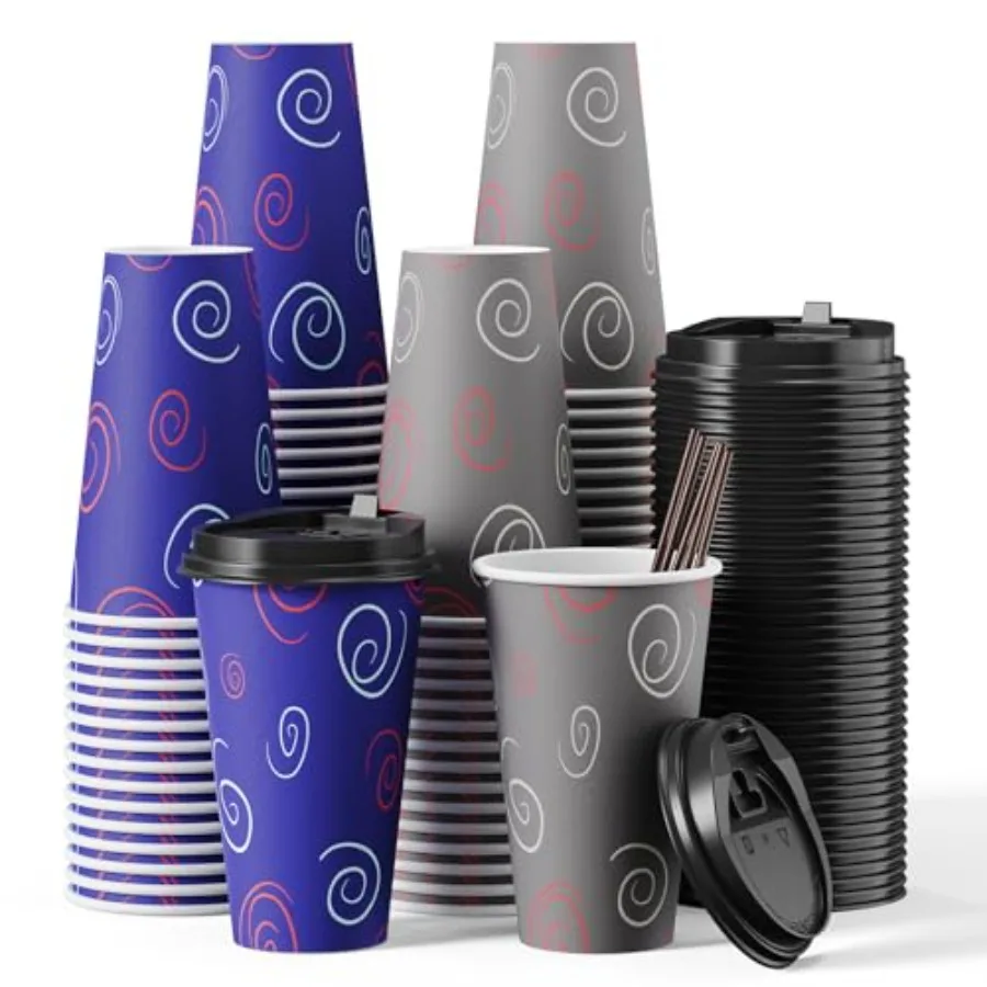 

100 Pack 16 oz Paper Cups, Disposable Coffee Cups with Lids and Straws for Drinking Water, Tea, Used for Home, Shops and Cafes
