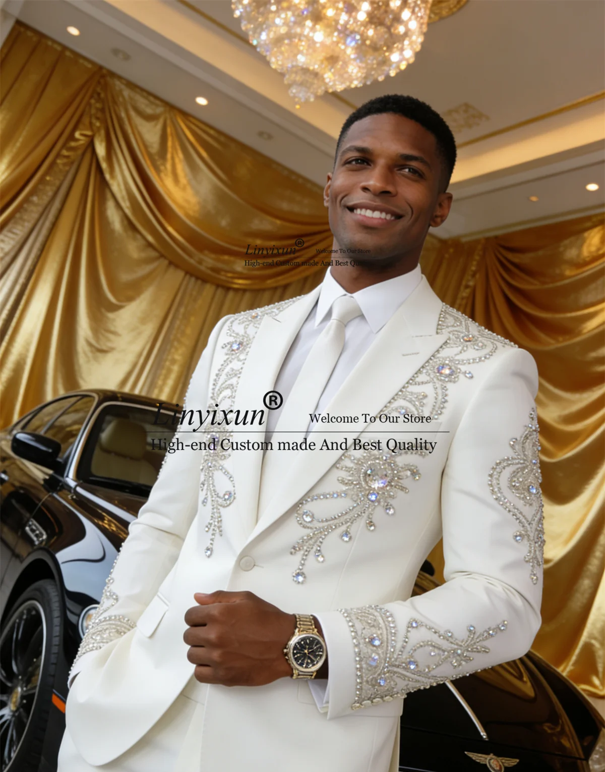 

High End Rhinestones Men Suits 2 Piece Sets Male Prom Blazer Customized Diamond Ropa hombre Outfit Slim Fit Groom Wedding Tuxedo