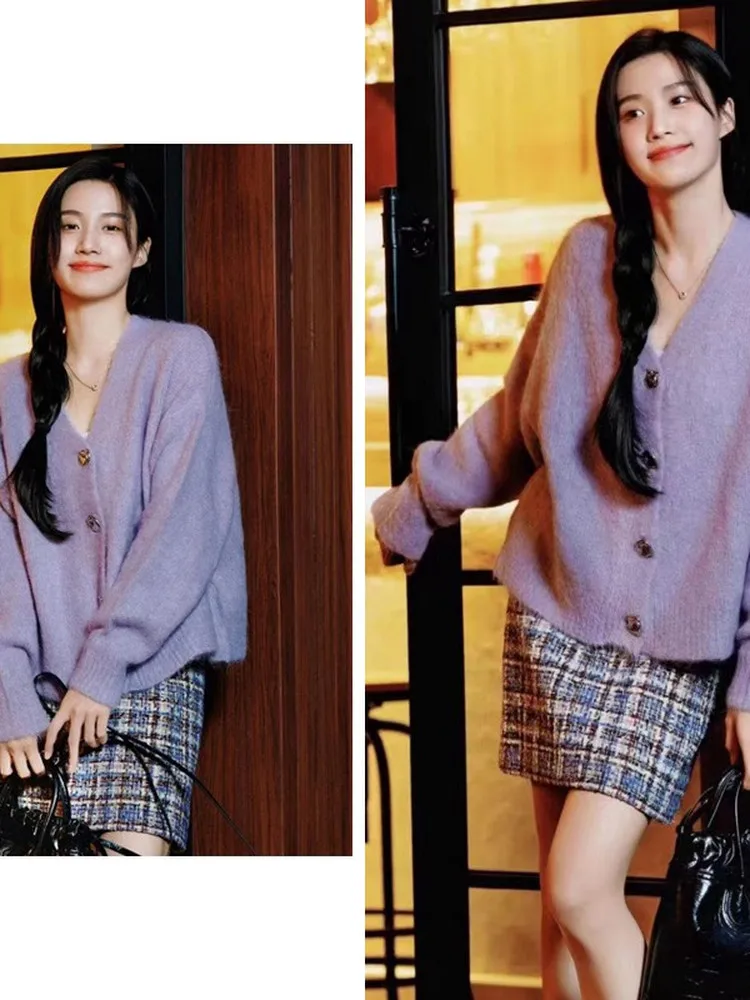 

Purple V-Neck Knitted Open Cardigan Sweater Women's Fashion Star Style Small Fragrance Wind Coat Top Korean Loose Fit Long Sl...