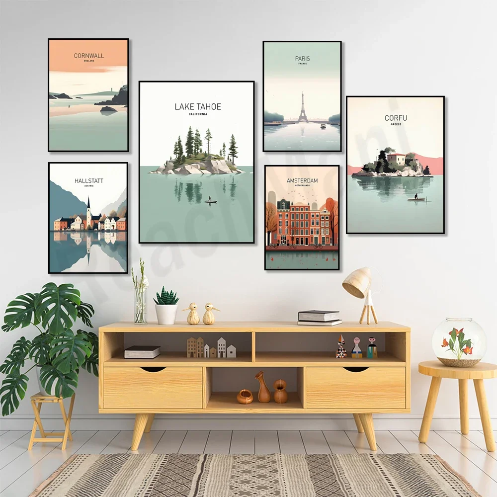 Corfu Greece, Rethymno, Amsterdam, Paris France, Hallstatt, Cotswolds, Cape Town, Cornwall, Ibiza, Lake Tahoe travel posters