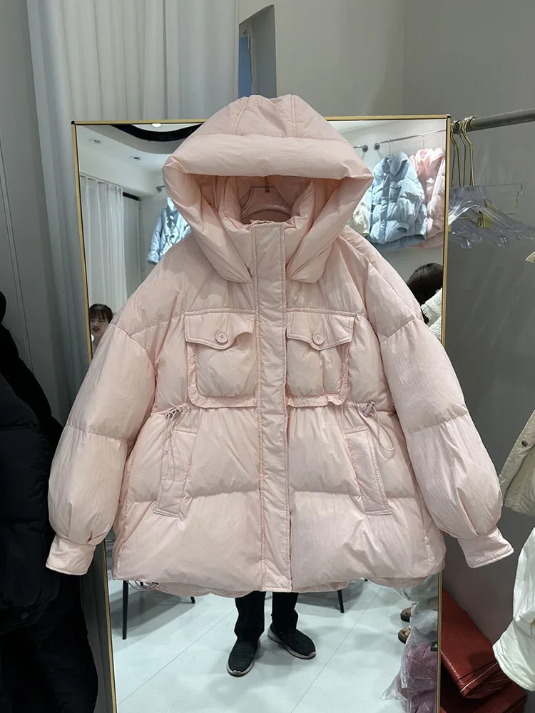 Casaco grosso de puffer estilo coreano feminino, 90% jaqueta de pato, com capuz, solto, casual, quente, Parkas femininas, outono, inverno