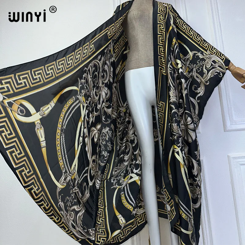 WINYI 2024 nowe afrykańskie damskie kimono boho sukienka z nadrukiem plażowe elegancki kardigan seksowne wakacyjne stroje plażowe dla kobiet