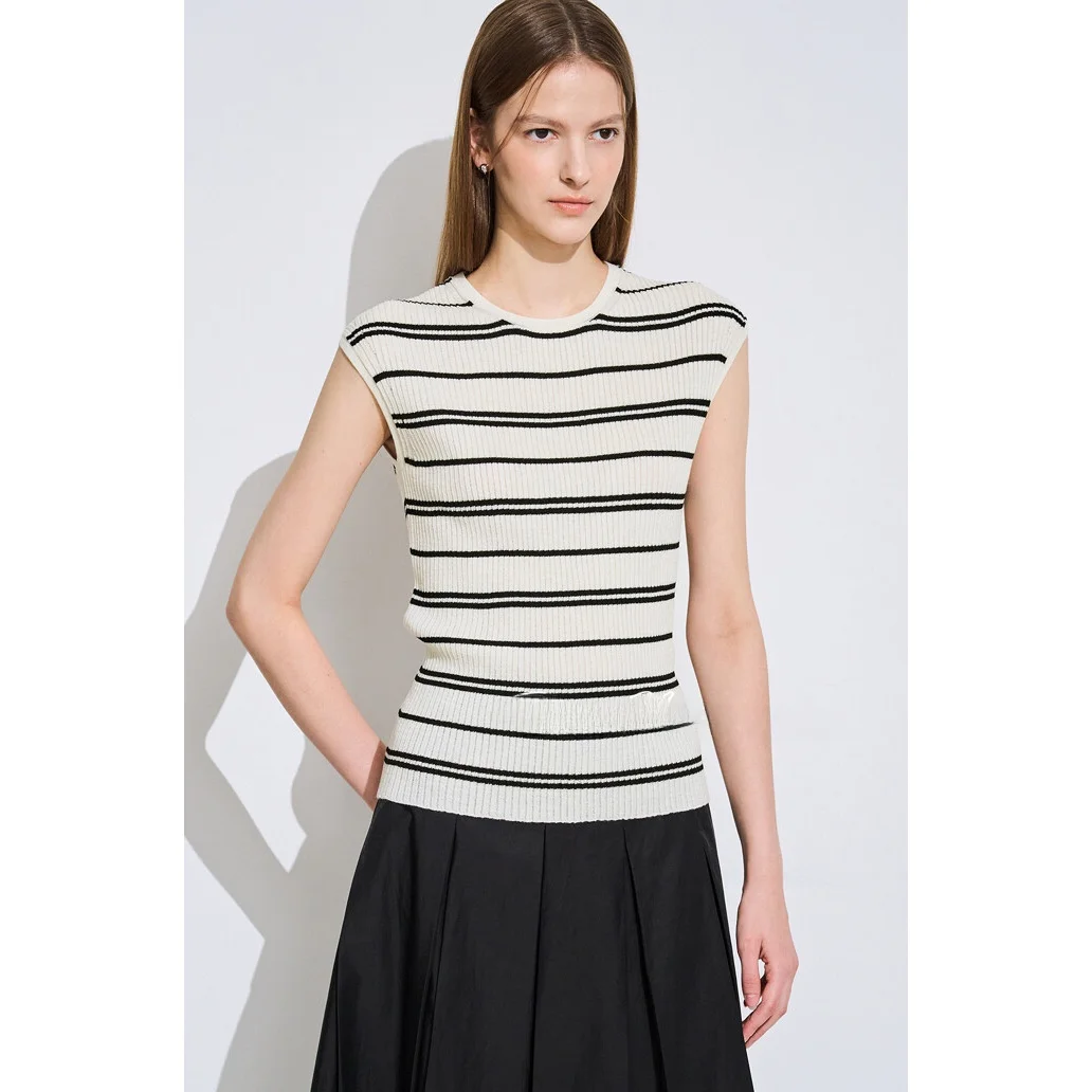 Precio reducido sensación de hielo Quali chaleco tejido a rayas auto-Kept Svel Top coreano Sle Commute suéter fino de verano