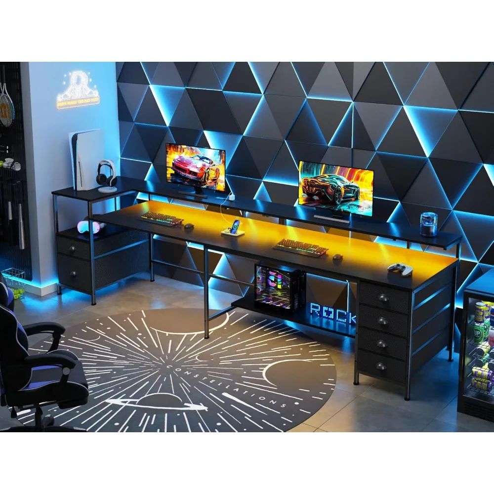 95 Two Person Computer Gaming Desk, Long 2 Person Home Office Desk with 6 Drawers & Storage Shelves, Double Table with