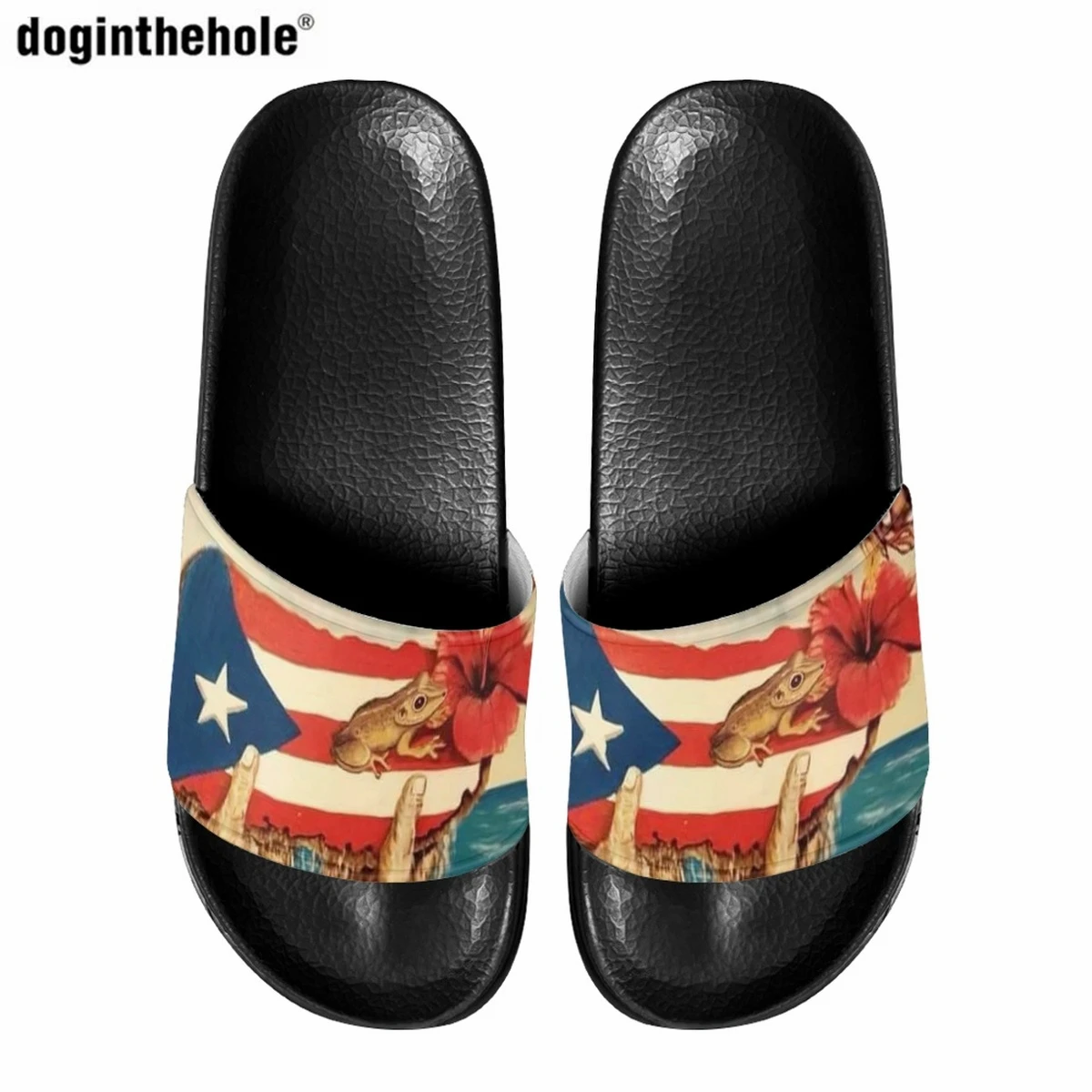 Doginthehole Puerto Rico Flag Printed Slippers for Ladies Summer Fashion New Home Flat Slippers Outdoor Beach Non-slip Sandals