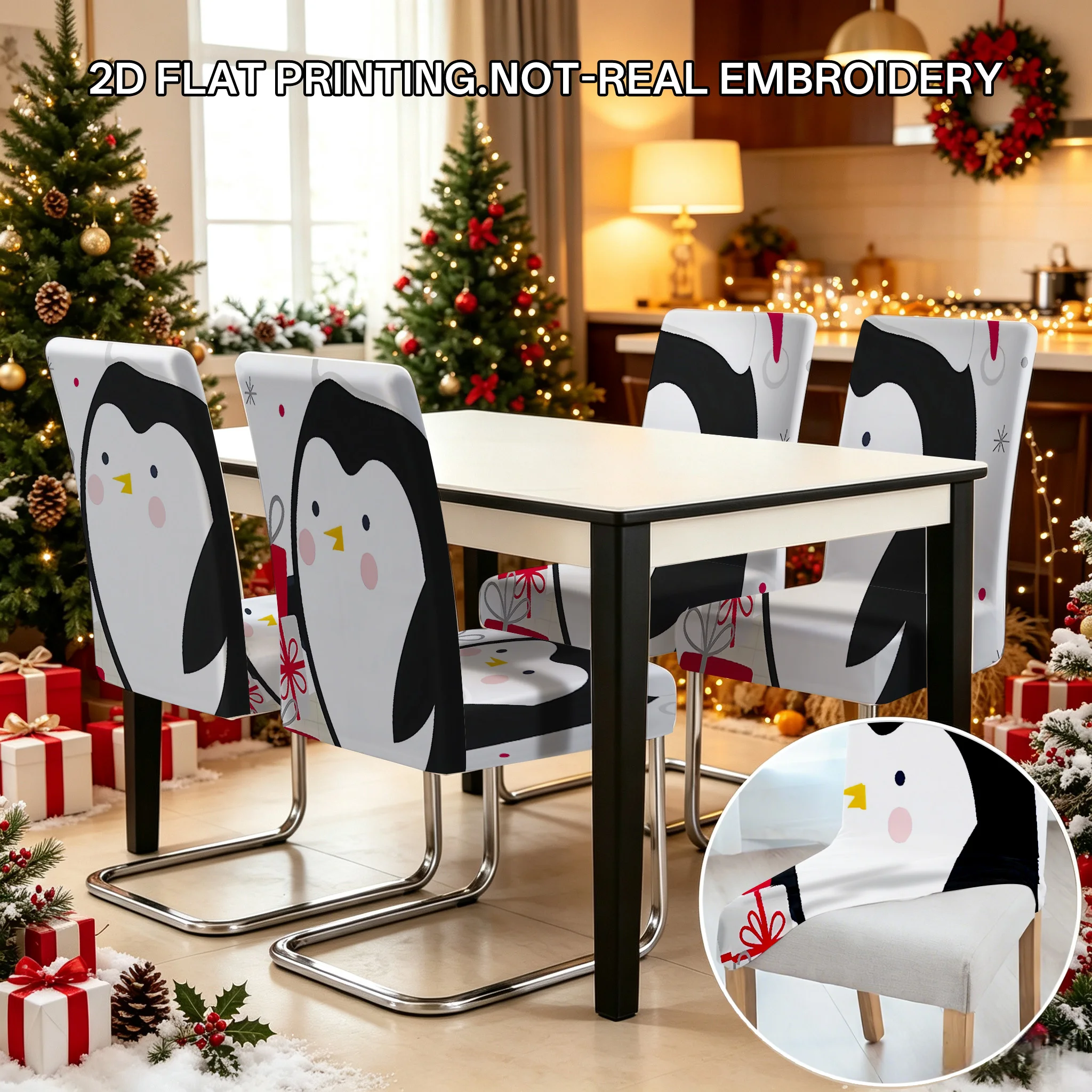 2/4/6 PCS Cartoon Christmas Penguin Elastic Dining Chair Covers, Cute 2D Flat Printed Christmas Decoration Chair Covers