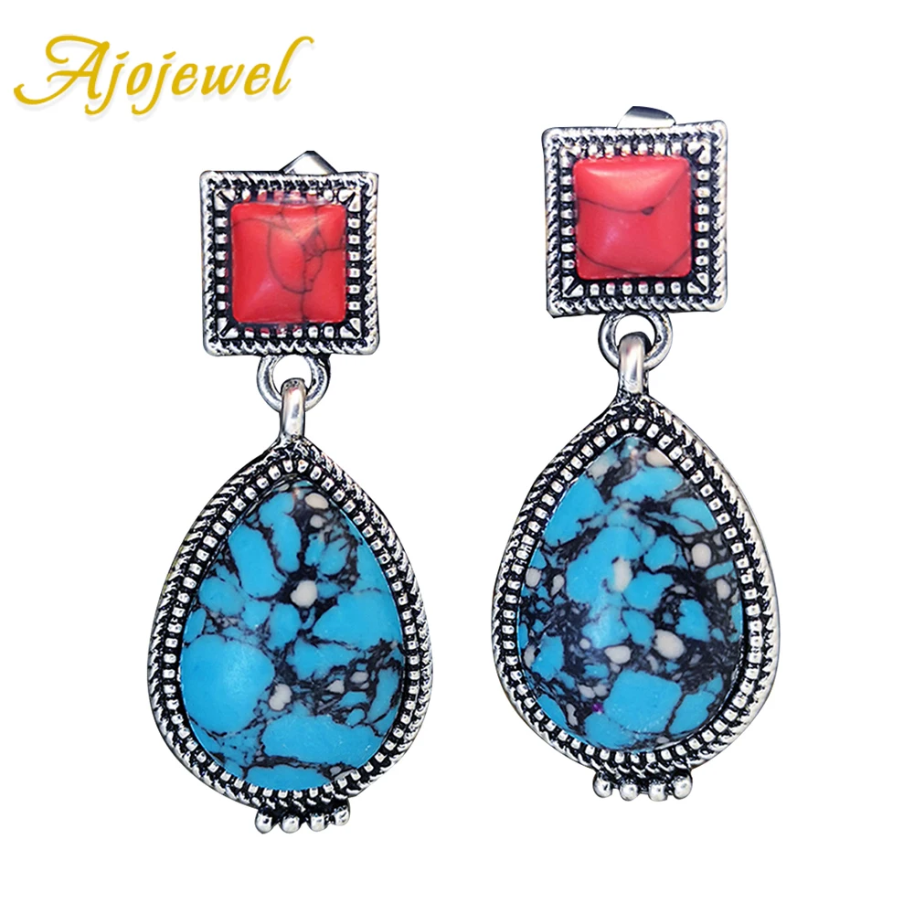 Ajojewel Ethnic Style Earrings Woman Red Blue Stone Vintage Jewelry American Harajuku Things