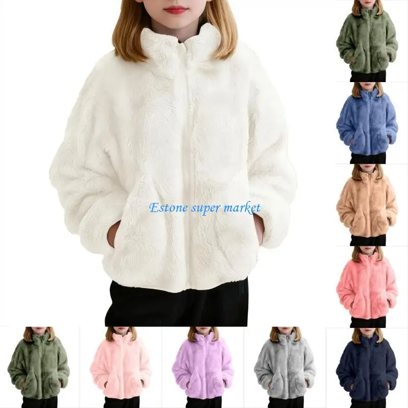 

090B Girls Plush Wool Children Autumn and Winter Lambskin Coat Zipper Stand Collar Faux Fur Soft Warm Plush Coat
