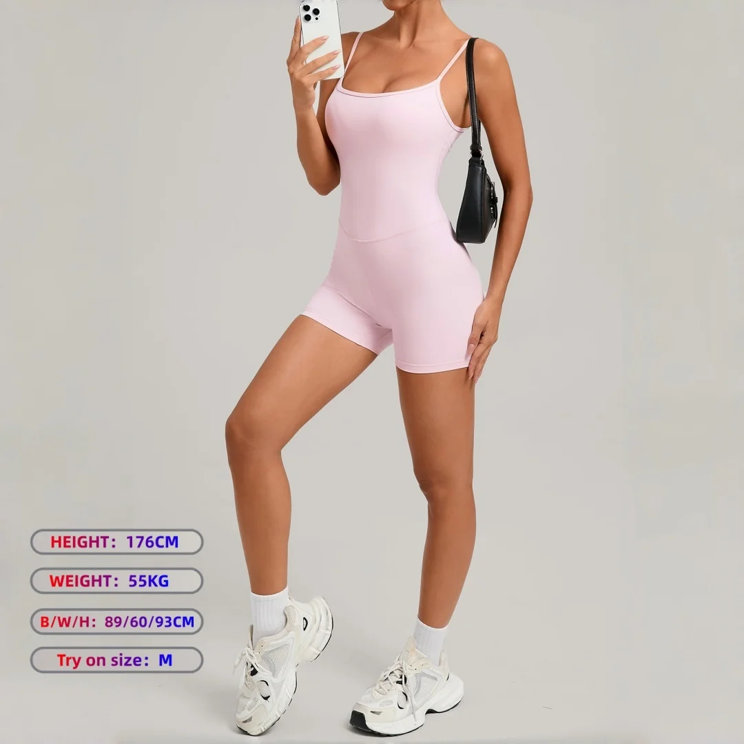 

New Women's Padded Backless Yoga Jumpsuit Tight-Fitting Nude Sports Fitness One-Piece Shorts Jumpsuit Workout Gym Yoga Jumpsuit