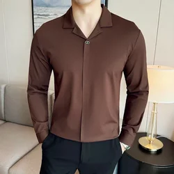 High-end Seamless V-Neck Polo Shirt Men's Long-Sleeved Traceless Elasticity Slim Fit Casual Tee Fashion Business Social Clothing