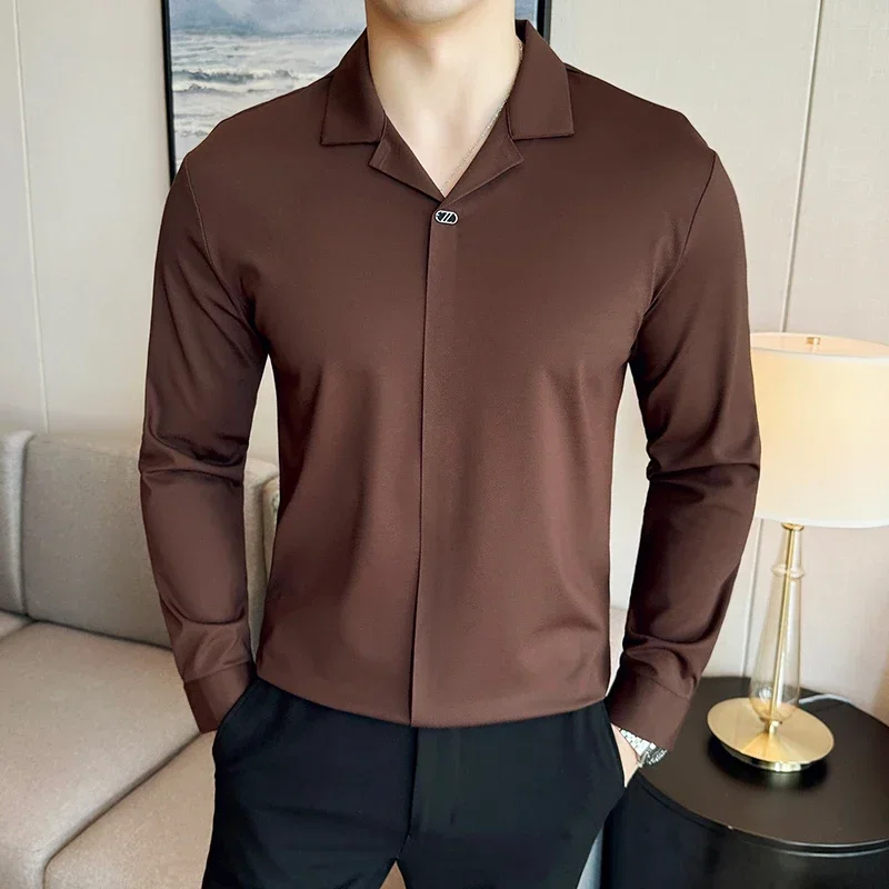 High-end Seamless V-Neck Polo Shirt Men's Long-Sleeved Traceless Elasticity Slim Fit Casual Tee Fashion Business Social Clothing