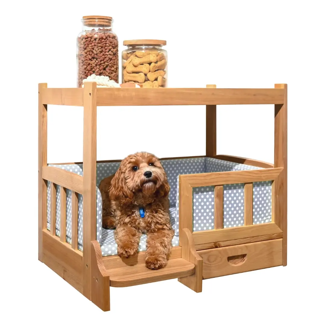 Factory Wholesale Solid Ashwood Furniture Style Pet Bed Side Table with Storage Drawer and Washable Cushion