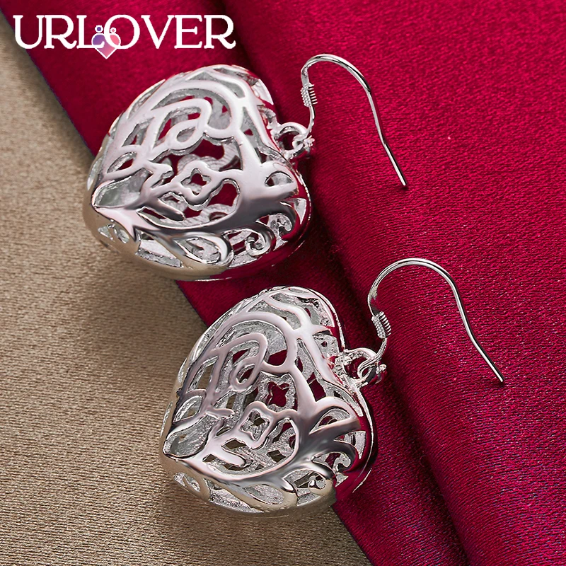 

URLOVER 925 Sterling Silver Earring For Woman Hollow Heart Drop Earrings Lady Party Birthday Wedding Fashion Charm Jewelry Gifts