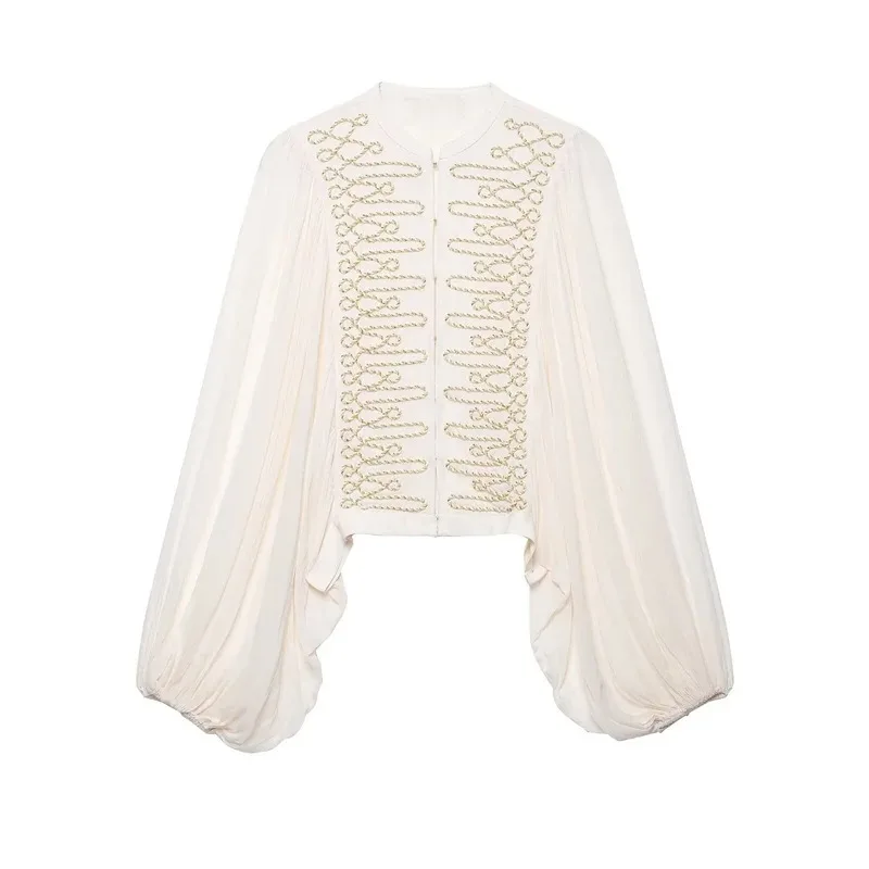 Women S  Autumn New Classic Commuter Style Shirt Beige Long Sleeve with Knot Decoration Puff Sleeves French Romantic Lightweight