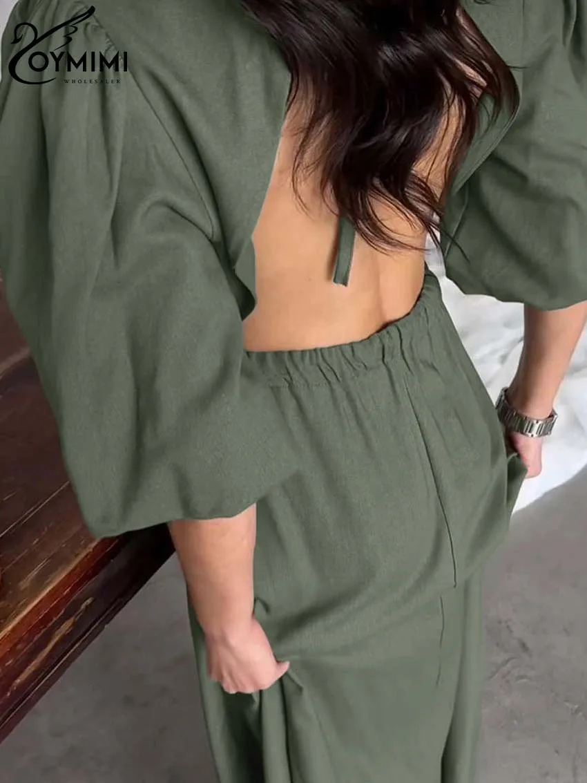 Oymimi Casual Green Cotton Womens Dresses Fashion O-Neck Half Sleeve Dresses Autumn High Waisted Ankle-Length Dress Streetwear